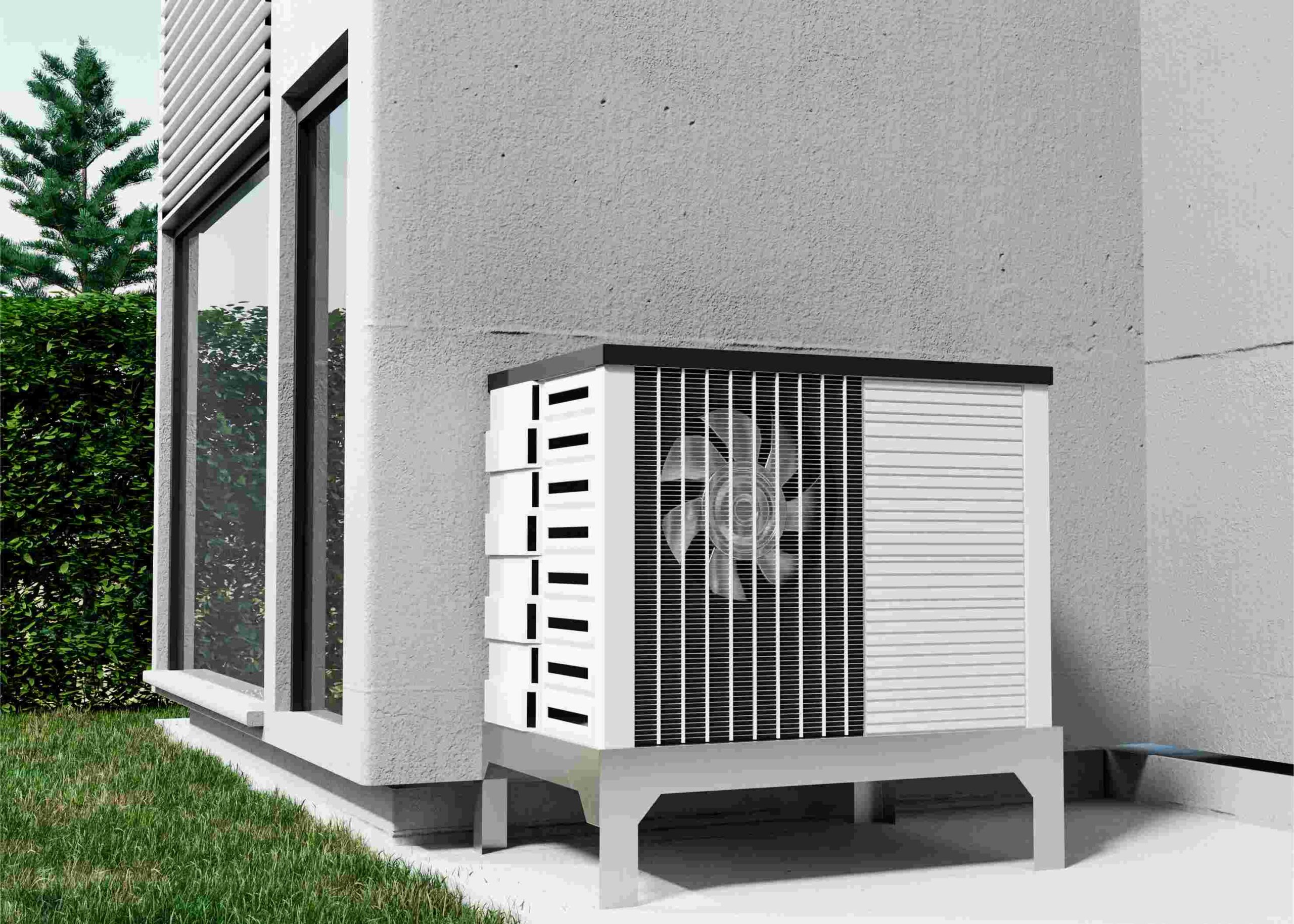 Unidad exterior de aerotermia instalada en una vivienda moderna como alternativa al gas y al gasoil